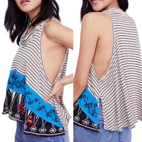 We the Free North South Tank top embroidered Cropped Boxy Striped Neutral Med - Picture 1 of 10